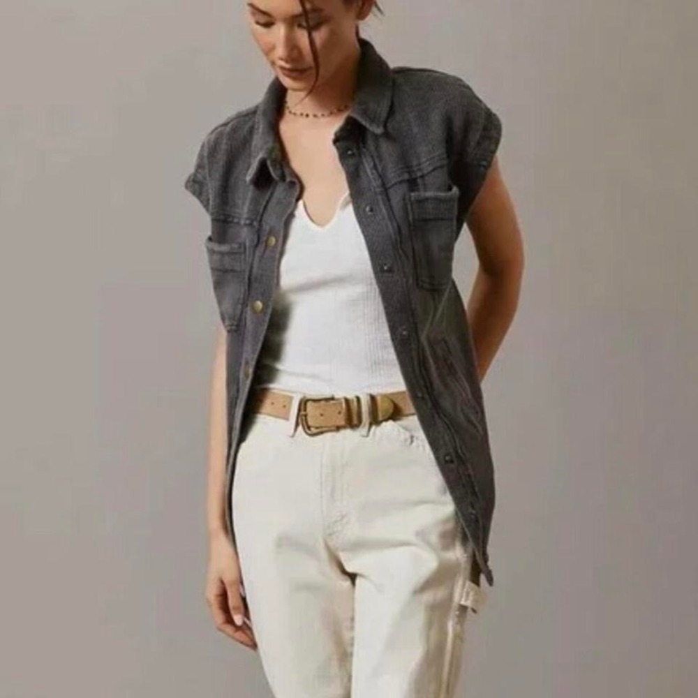 Pilcro Anthropologie Gray‎ Corduroy Shirt Jacket Vest Sleeveless Button Front L